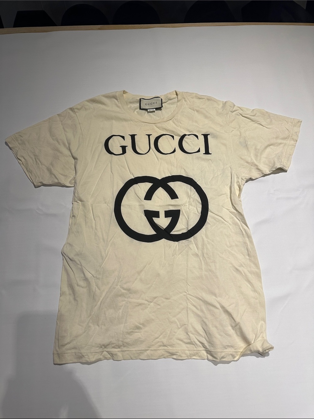 Gucci Cream Short Sleeve Logo Tee with Black Print